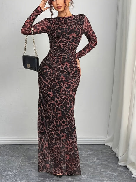 Leopard Mesh Printing Pleats Sexy Tight Fit Crew Neck Maxi Dresses
