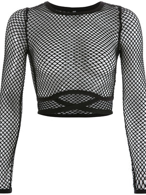 Black Round Neck Tie-up Cropped Mesh See-through Top