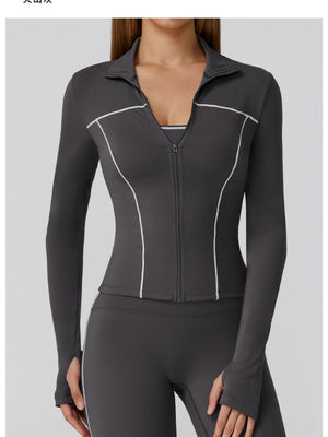 Veste de yoga bicolore en tissu brossé avec fermeture éclair, coupe-vent et ajustée