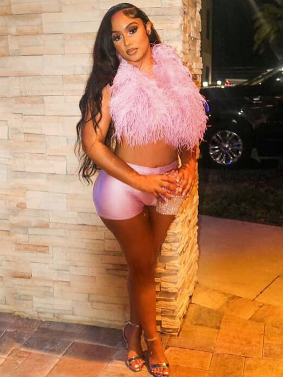 Neckband Feather Satin 2-piece Sets