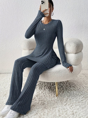 Leisure Long Sleeve Crew Neck Slit Pure Color 2-piece Sets