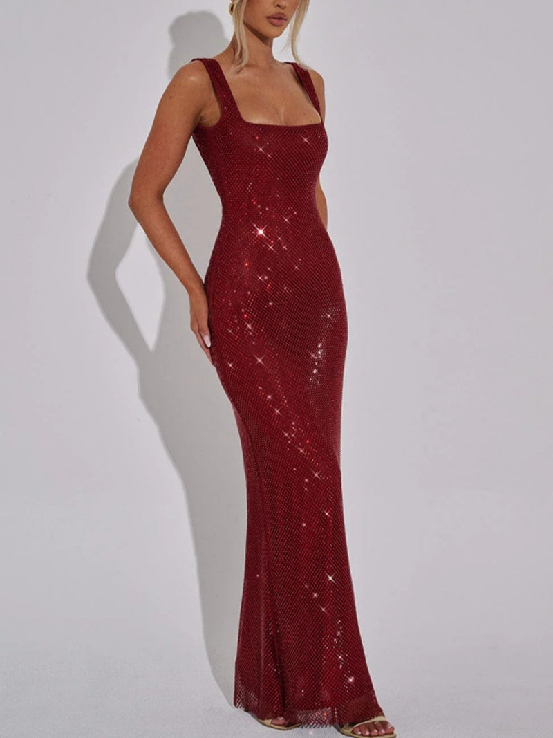 Sexy Double-strap Sequined Rhinestone Halter Top With Cinched Waist And Bodycon Silhouette Long Dress