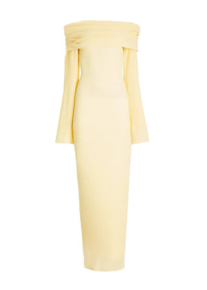 Long-sleeved Off-shoulder Pleated Knit Maxi Dress