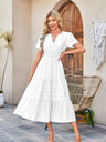 V-neck, Gathered, Puff Sleeve, Full Skirt, Short-sleeved Long Dress