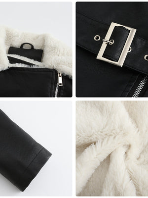 Long Sleeve Plush Lapel Double-ended Zipper With Belt Keep Warm Leather Jacket