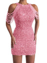 Halter Neck, Off-shoulder, Tassel, Bodycon, Crystal-trimmed Sequined Short Dress