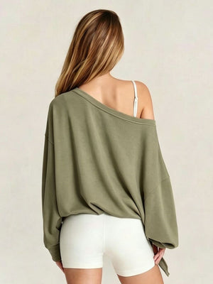 Women's Autumn/Winter Solid Color Off-Shoulder Long Sleeve Drawstring Hem Sweatshirt