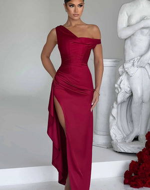 Asymmetrical Satin Shoulder Design With A Cinched Waist Solid Color Maxi Dresses