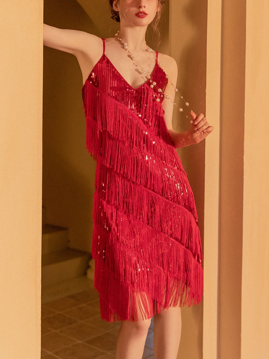 Black Sequins Tassel Spaghetti Strap Midi Dress