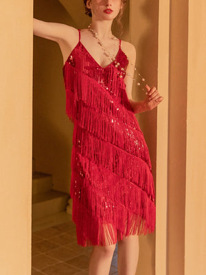 Black Sequins Tassel Spaghetti Strap Midi Dress