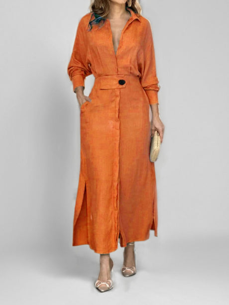 Lapel-front, Fitted Waist, Belted Solid Color Cardigan Long Dress