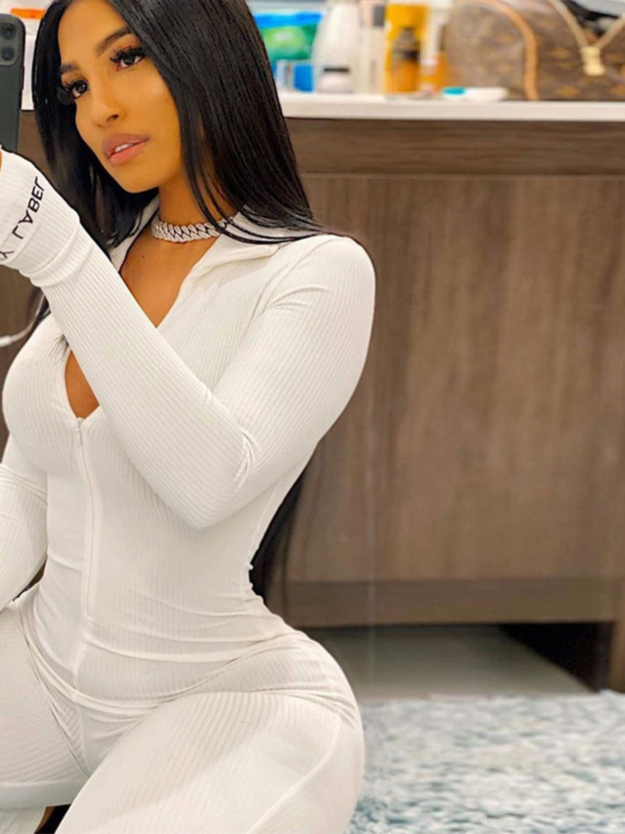 Zippered Elastic High-Neck Embroidered Slim Fit Fitness Jumpsuit