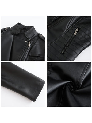 Studs Short Stand Collar Zipper Leather Jacket