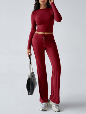 Casual Sporty Slim-fit Long-sleeved Top And Drawstring Trousers Two-piece Set