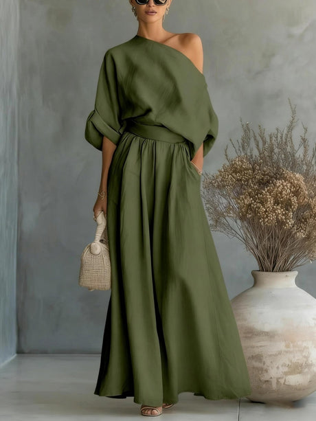Loose-fit Off-shoulder Jacket Wide-leg Pants Set 2-piece Sets