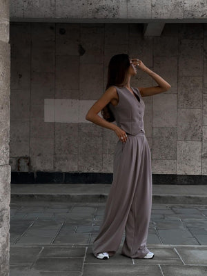 V-neck Sleeveless Vest, Flowy Wide-leg Trousers, Casual Style. 2-piece Sets