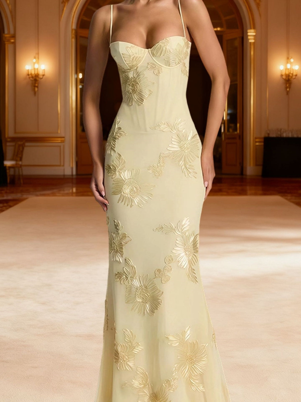 3D Embroidered Backless Cross-Strap Spaghetti Strap Long Dress