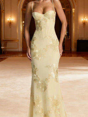 3D Embroidered Backless Cross-Strap Spaghetti Strap Long Dress