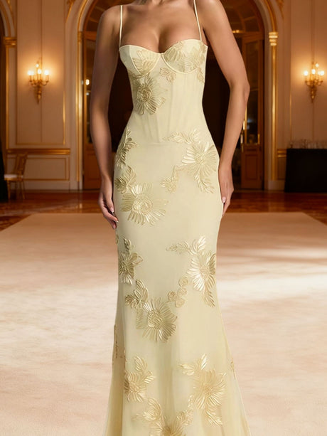 3D Embroidered Backless Cross-Strap Spaghetti Strap Long Dress