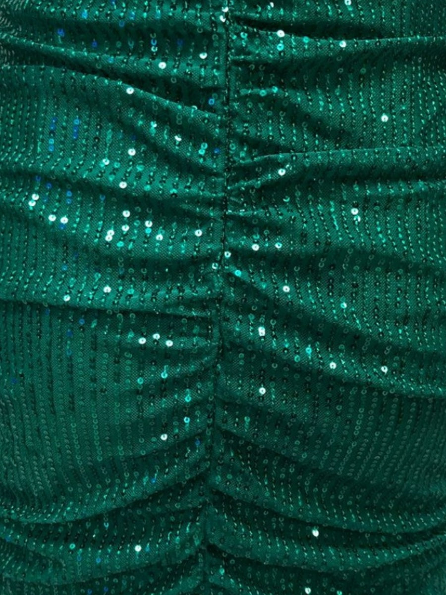 Sequins Solid Color Long Sleeve V-neck Mini&Short Dresses