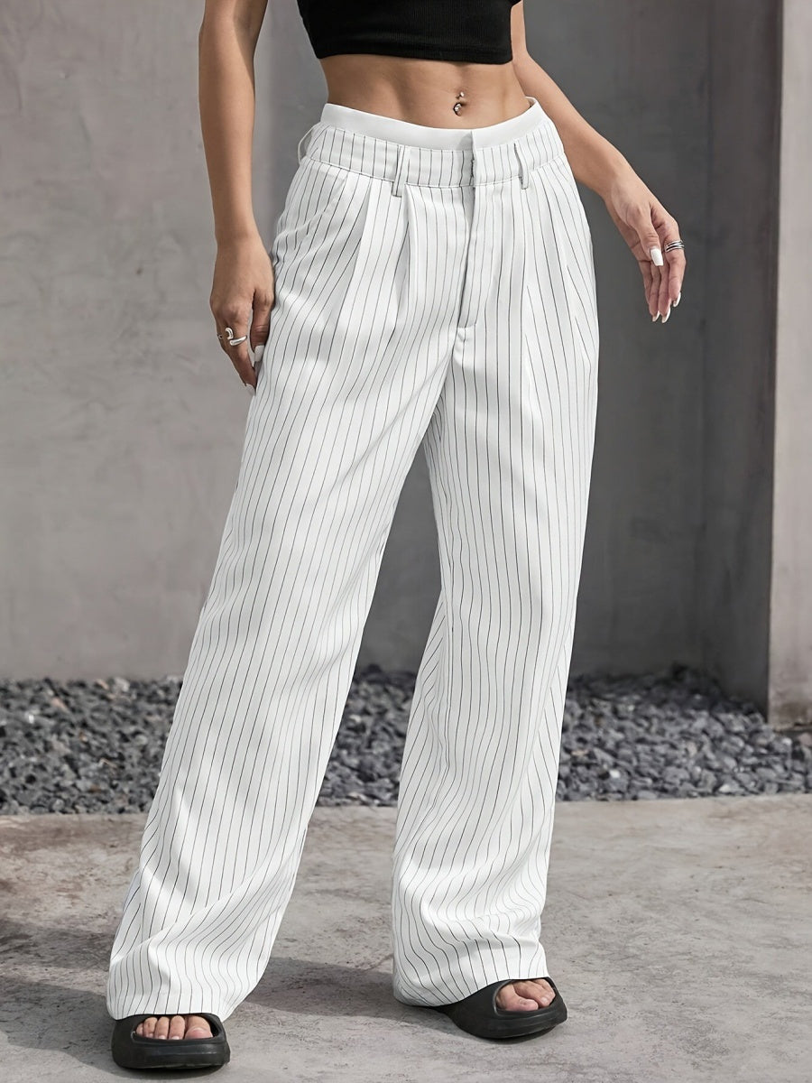 High Waist Color Matching Simplicity Drape Stripes Straight Wide Leg Pants
