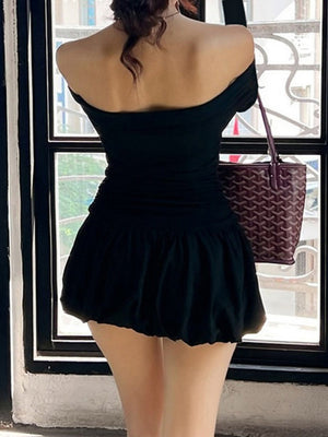 Liber Autumn Women's Off-shoulder Black and white color matching Long sleeve Mini&Short Dresses