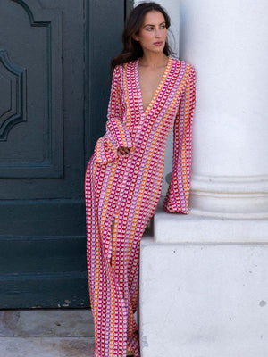 V-neck With Cutout Geometric Pattern Slit Beachwear