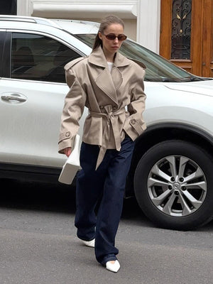 Khaki Long-sleeved Lapel Belted Trench Coat