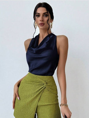 Pleats Solid Color Sexy Sleeveless Satin Satin Vest