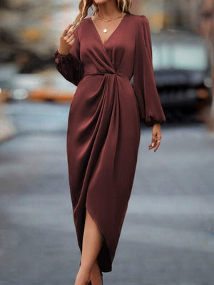Slit Balloon Sleeve Irregular Long Sleeve Satin Long Skirt