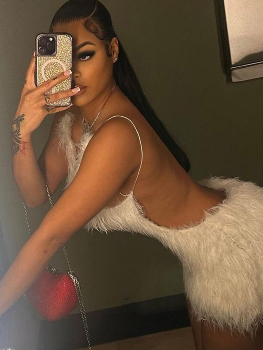 White Sexy Open Back Zipper Furry Halter Bodycon Dress
