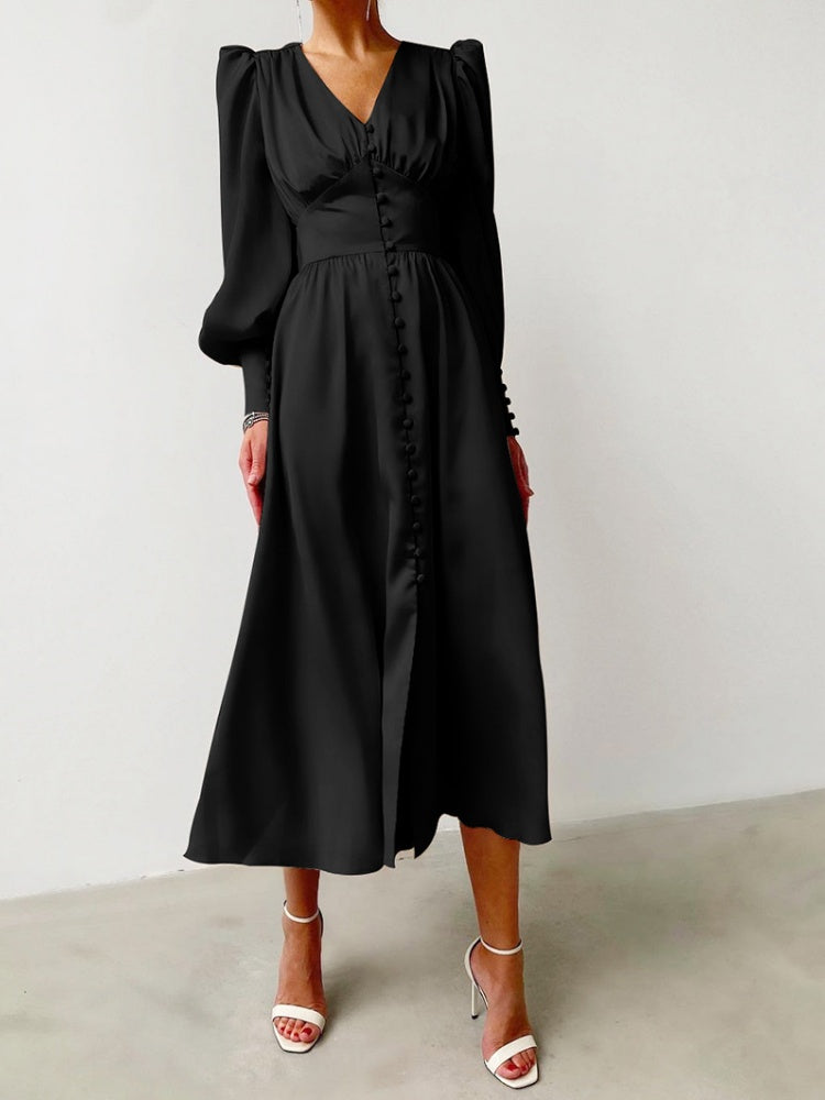V-neck Satin Waist Retro Maxi Dresses
