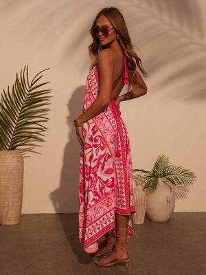 Ethnic-style Printed Off-shoulder V-neck Spaghetti Strap Long Dress