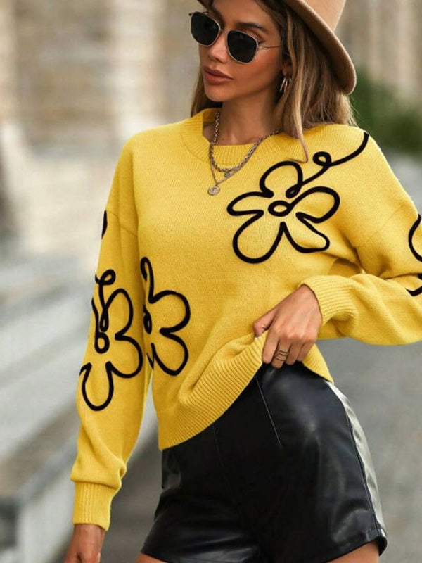 3D Effect Flower pattern Crew Neck Sweaters