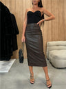 Back Slit In Bodysuit Tight Fit Hip-hugging High Waist PU Leather Midi Skirt