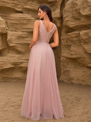 V-neck Embroidery Sequins Elegant Gauze Formal Dress Maxi Dresses