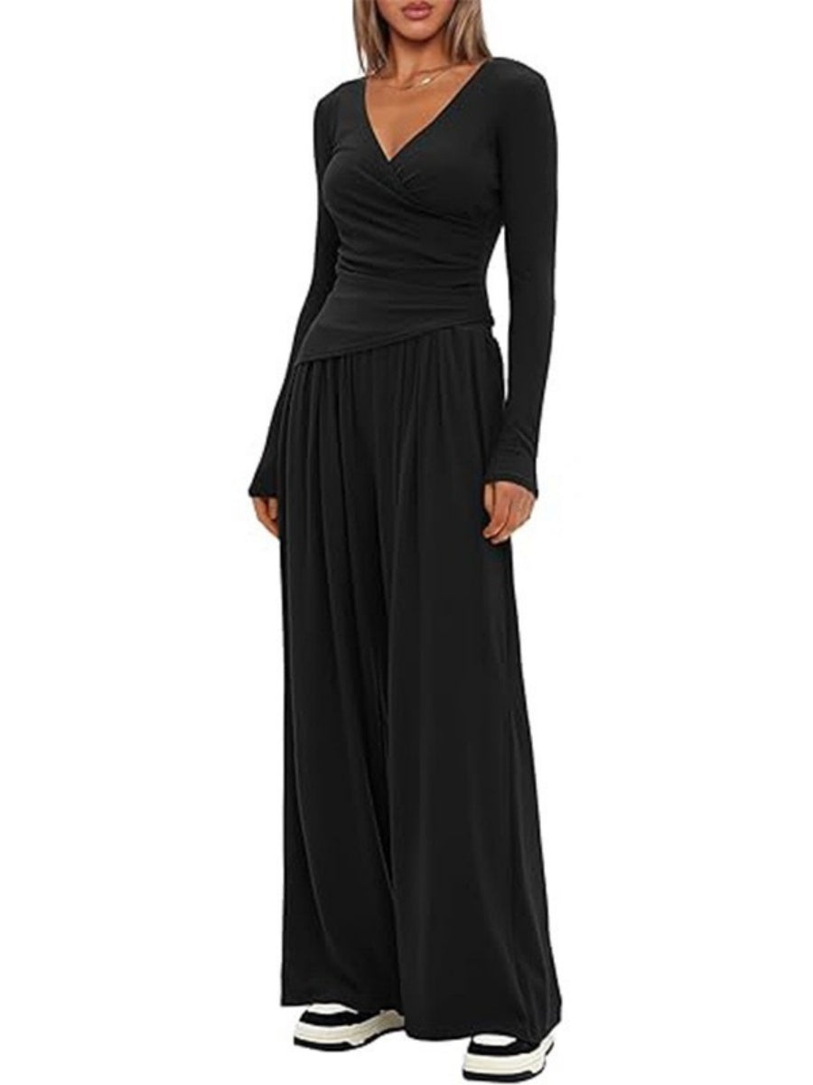 Long Sleeve V-neck T-shirt Loose-fit Wide-leg Pants Leisure 2-piece Sets