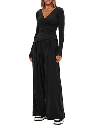 Long Sleeve V-neck T-shirt Loose-fit Wide-leg Pants Leisure 2-piece Sets