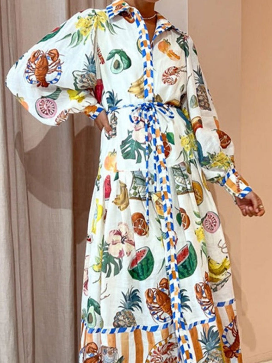 Botanical Floral Prints Balloon Sleeve Lapel Waist Long Sleeve Maxi Dresses