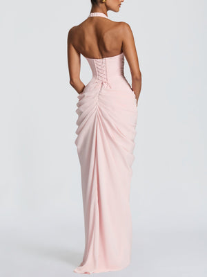 Halter Neck Pleated High Slit Long Dress