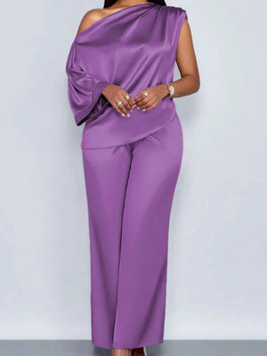 Satin Sloping Shoulders Short Sleeve Jacket Wide-leg Pants Set 2-piece Sets