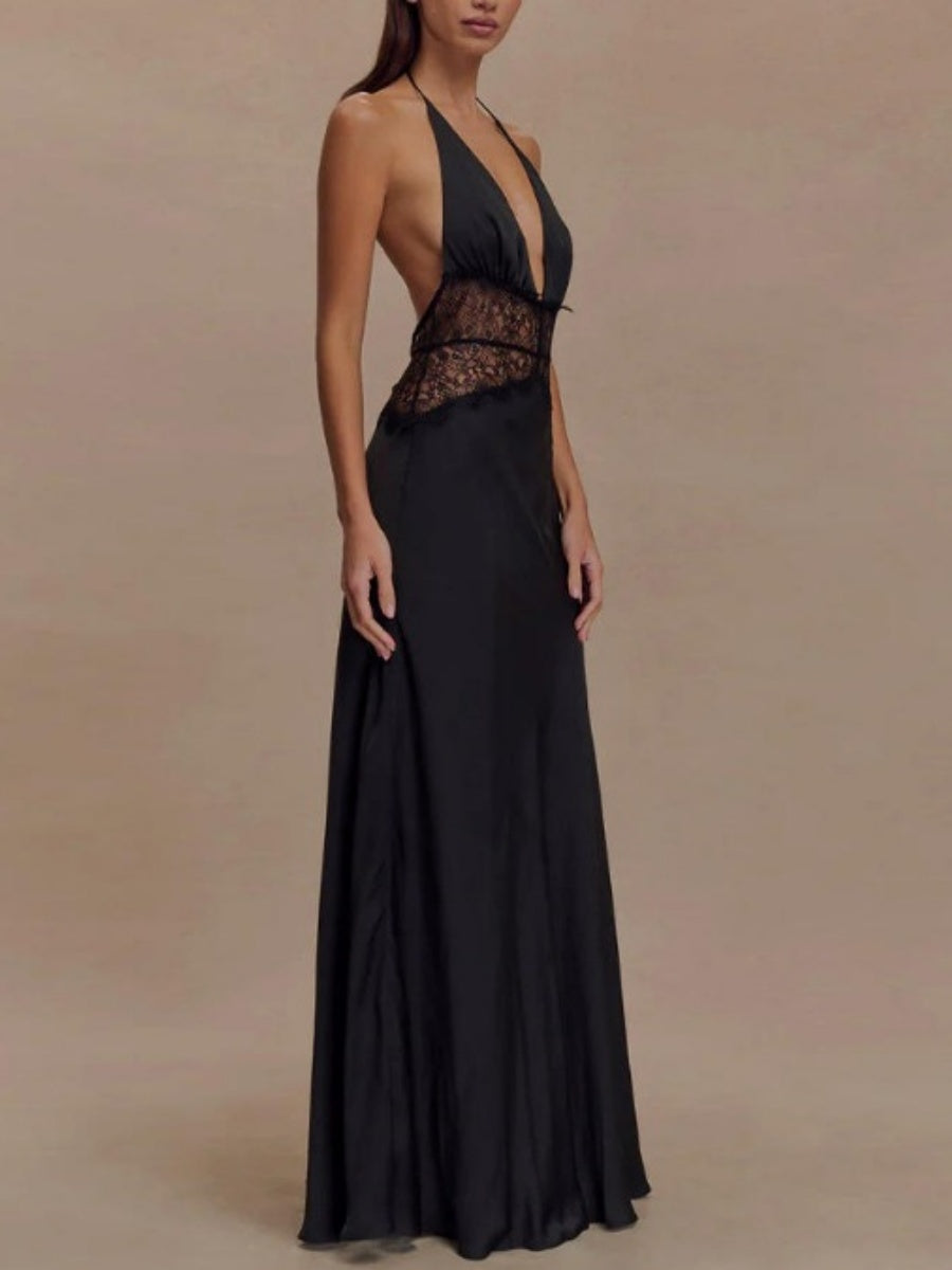 Spitzen-Perspektiv-Split-Detail-Satin-Maxikleider mit tiefem V-Ausschnitt