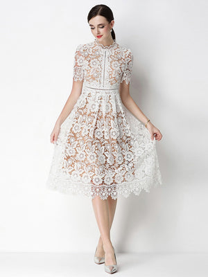 Hollow-out Water-soluble Lace Midi Dress