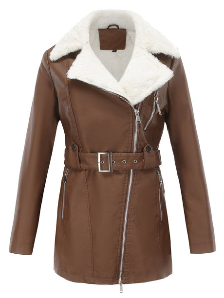 Long Sleeve Plush Lapel Double-ended Zipper With Belt Keep Warm Leather Jacket