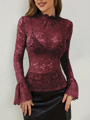 Sexy Lace Pullover Cashew Flowers Lace Slim Fit Slimming Outerwear Innerwear Bell-sleeved Mesh/sheer Top