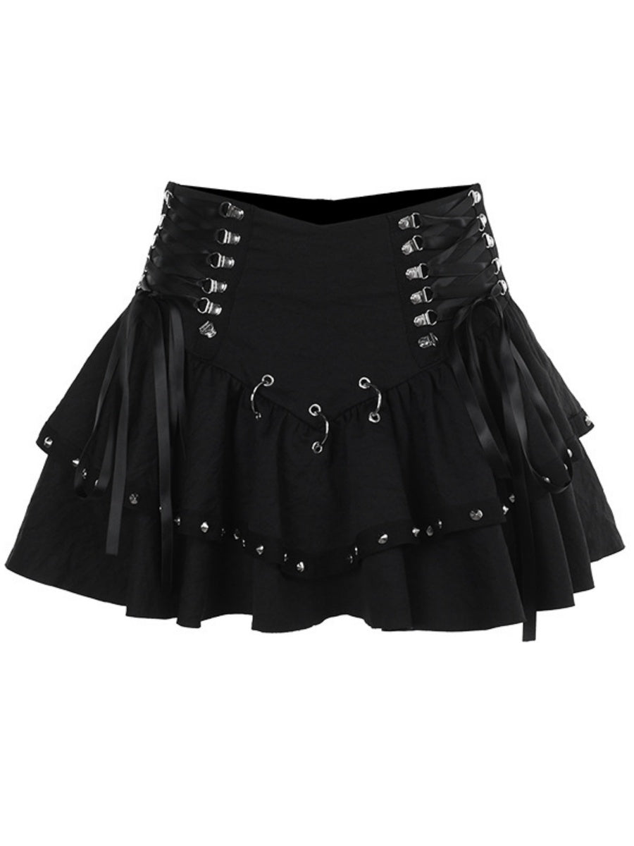 Bandage Metal Double Layer Black Waist Skirts