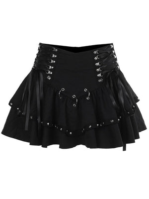Bandage Metal Double Layer Black Waist Skirts