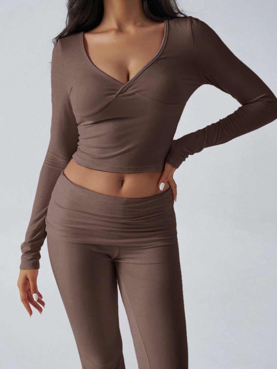 V-neck Long Sleeve Pants Pleated Navel Solid Color 2-piece Sets
