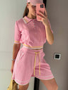Academic Style Lapel Ice Silk Short Cardigan Color-blocked Drawstring Shorts Set 2-piece Sets