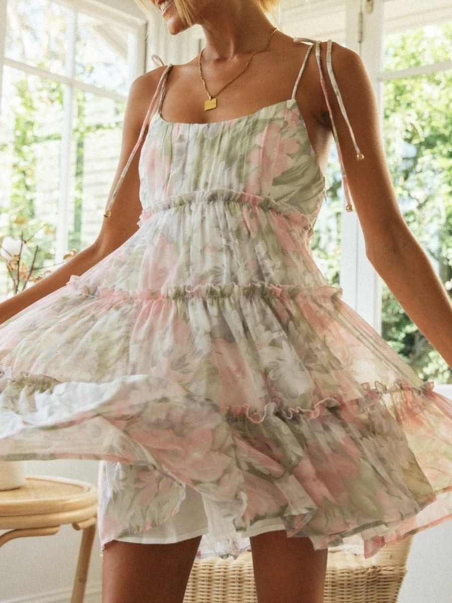 Resort-style Floral Print Multi-layered Ruffled Short Sundress